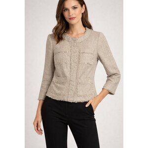 Michael Kors Linen Bouclé Cropped Jacket Cream Frayed Trim Old Money Size 16